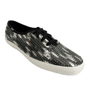 New Keds All Over Sequin Lace-up Sneakers Black Silver-tone 9